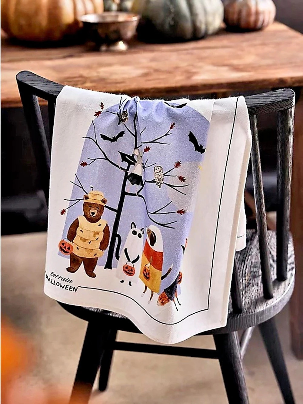 Anthropologie Terrain Halloween Printed Kitchen Towel, White & Purple New